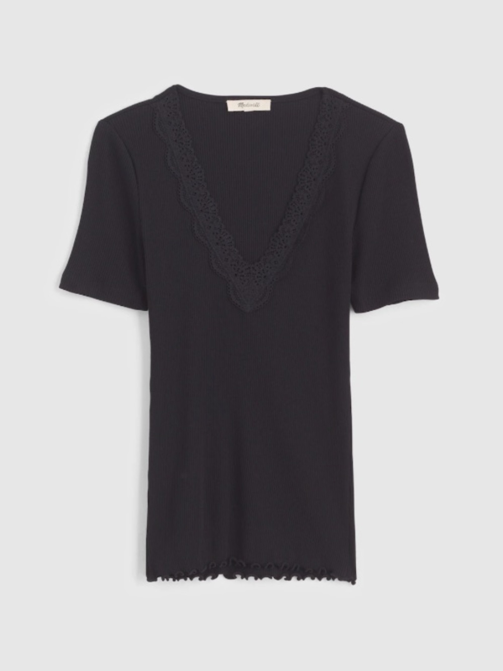 NWT Madewell Lace-Trim V-Neck Top Jet Black Knit Lettuce Hem Short Sleeve Medium